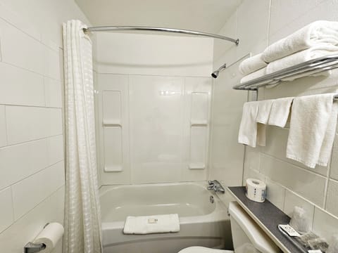 Combined shower/tub, hair dryer, towels