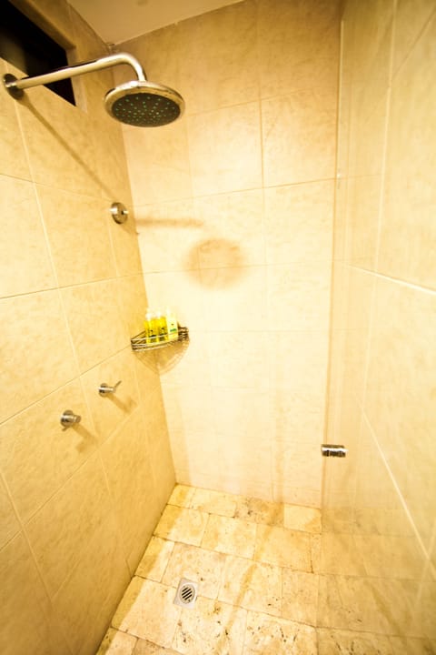 Shower, rainfall showerhead, free toiletries, hair dryer