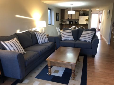 Couch (queen sleeper) and loveseat in the living room overlooking the river
