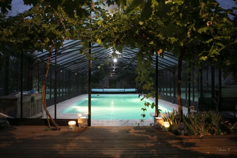 Indoor pool, a heated pool, sun loungers
