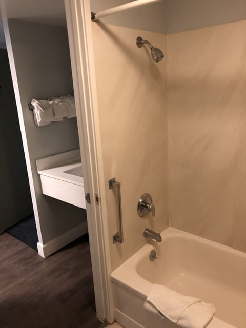 Combined shower/tub, free toiletries, hair dryer, towels