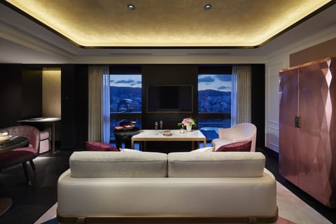 Prestige Suite (HIGASHIYAMA Mountain View) with Lounge Access | Living area | 50-inch flat-screen TV with satellite channels, TV, Netflix