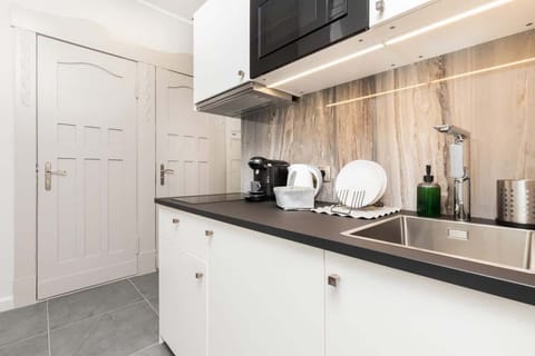 The sleek design of the kitchenette blending seamlessly with the living area.