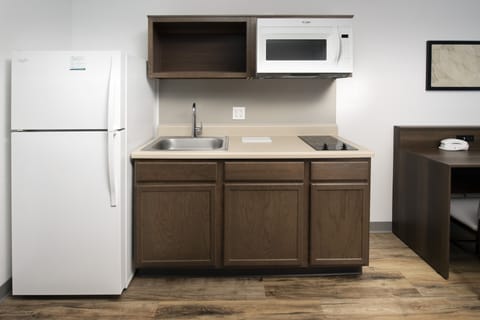 Full-size fridge, microwave, stovetop, freezer