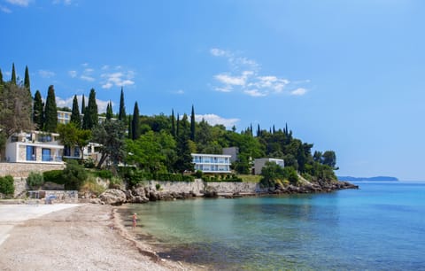 On the beach, sun loungers, beach umbrellas, beach bar