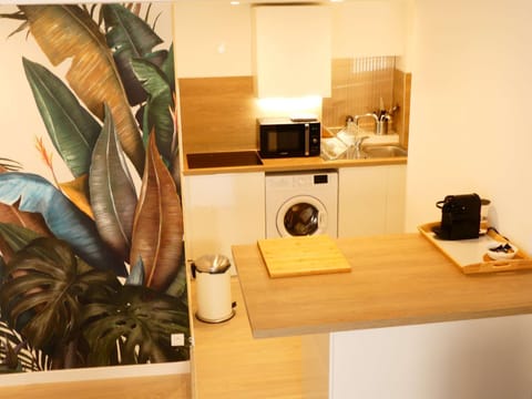 The fully furnished kitchen open on the living room