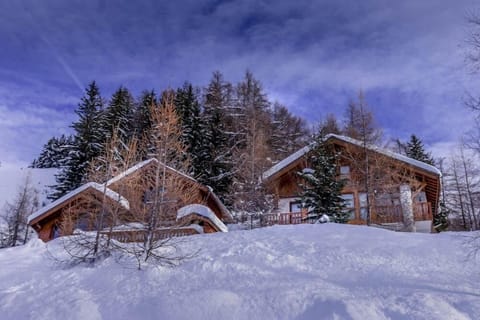 Outside view of chalet in winter.
