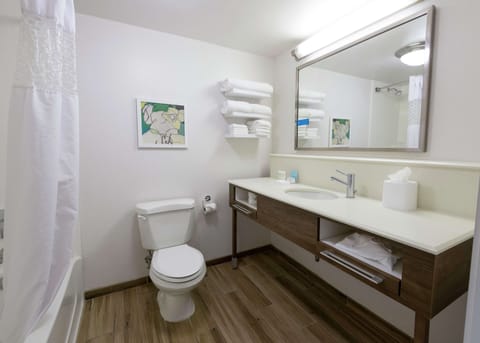 Combined shower/tub, free toiletries, hair dryer, towels