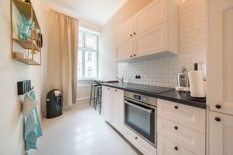 Deluxe Apartment | Private kitchen | Full-size fridge, microwave, stovetop, toaster