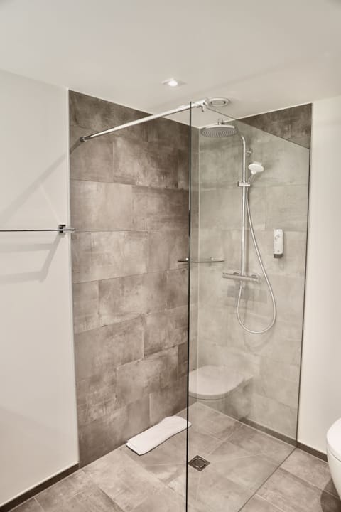 Shower, rainfall showerhead, hair dryer, slippers