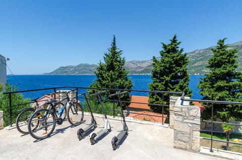 A view of bicycles, romobiles and a table-tennis table next to the luxurious villa Gabriela