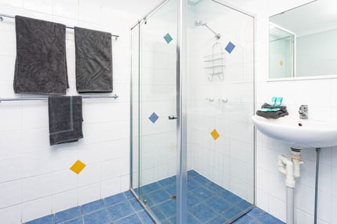 Classic Apartment | Bathroom | Shower, rainfall showerhead, hair dryer, towels