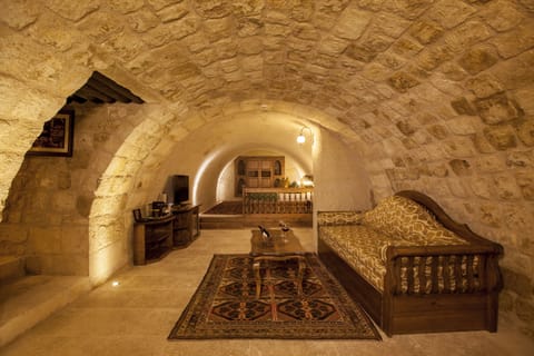 Majestic Cave Suite | Living area | LED TV, iPod dock, heated floors