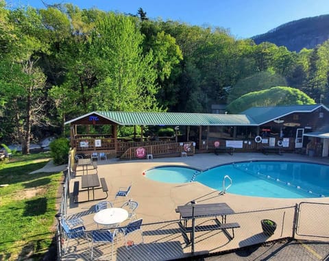 Pool views, serves lunch and dinner