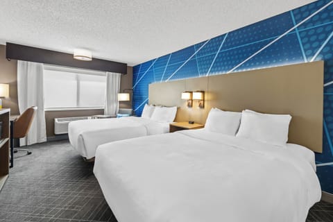 Desk, laptop workspace, blackout drapes, soundproofing