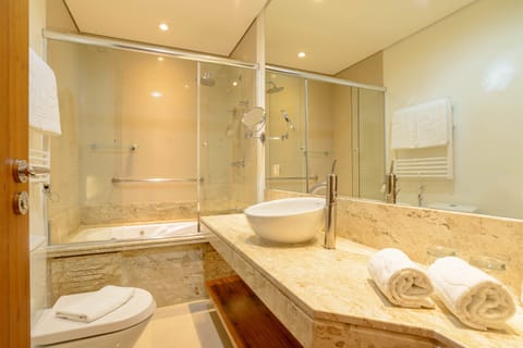 Prestige Suite | Bathroom | Designer toiletries, hair dryer, heated floors, towels