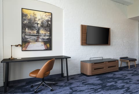 Down comforters, desk, laptop workspace, blackout drapes