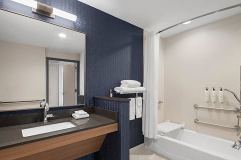 Room, 2 Queen Beds (View) | Bathroom | Hair dryer, towels