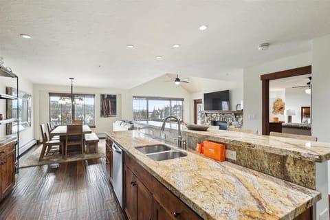 Main Living Space, Kitchen and Dining - TV, Gas Fireplace, Deck and Views