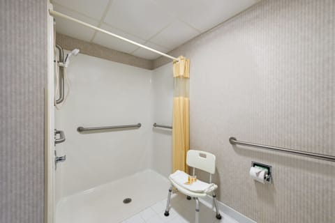 Combined shower/tub, deep soaking tub, free toiletries, hair dryer