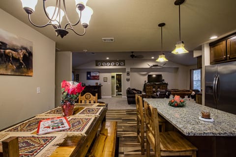 Kitchen with bench and Island seating. 