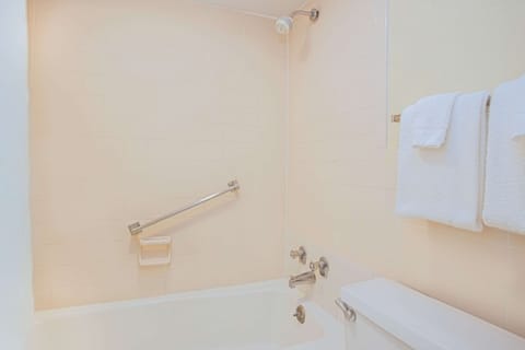 Combined shower/tub, free toiletries, hair dryer, towels