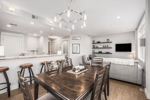 Open floor plan: full bath, kitchen, dining and sofa sleeper on entry level