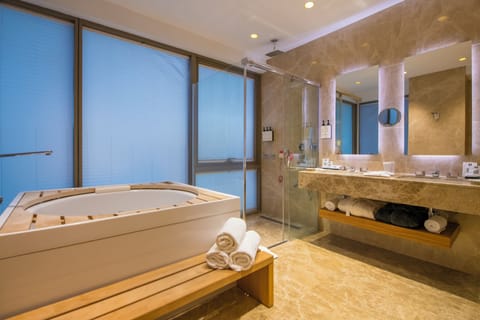 Presidential Suite | Bathroom | Rainfall showerhead, hair dryer, slippers, towels