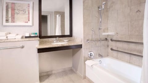 Designer toiletries, hair dryer, towels