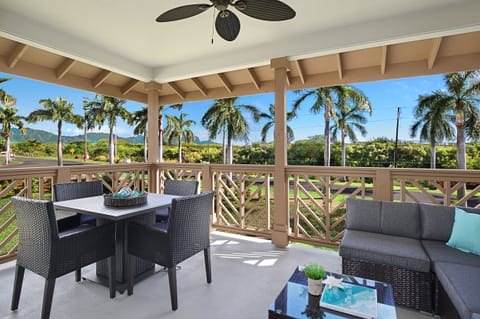 Sip your morning coffee or sunset cocktails on the covered lanai, featuring stunning views of Kauai’s lush mountains and glimpses of the ocean.