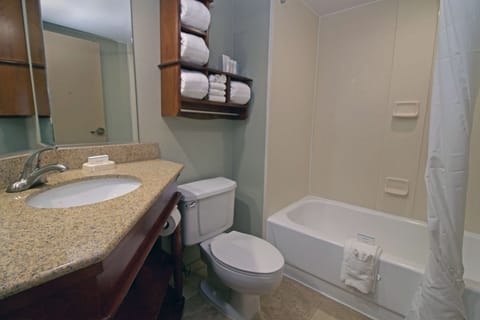 Combined shower/tub, free toiletries, hair dryer, towels