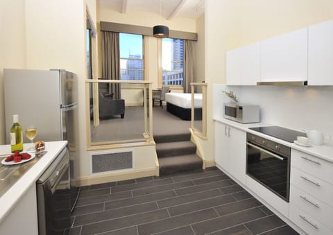 Executive Studio Apartment | Private kitchen | Fridge, microwave, oven, stovetop