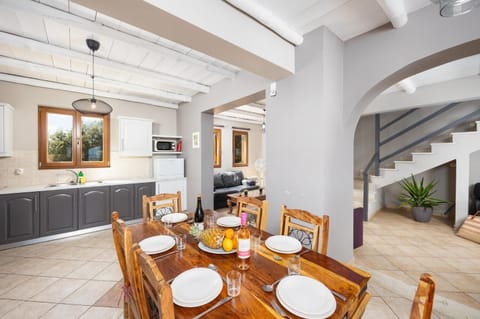 Open-plan living room with sofas, dining area, kitchen, WiFi internet, and satellite TV