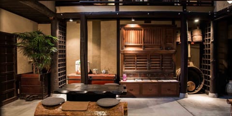 Machiya Townhouse (with hinoki bath) | Private kitchen | Microwave, stovetop, electric kettle, cookware/dishes/utensils