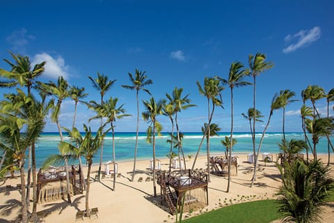 On the beach, sun loungers, beach umbrellas, beach towels