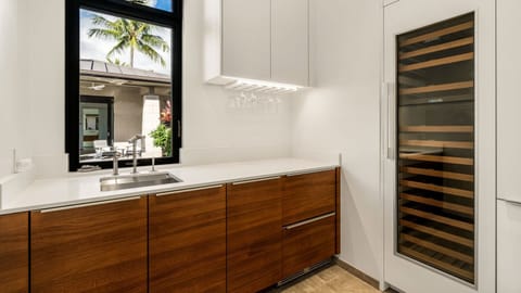 Wine storage, wet bar, and refrigerator drawers