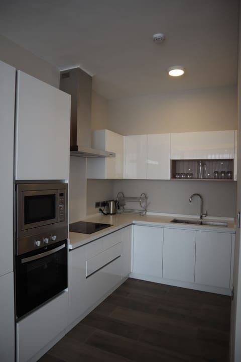 Deluxe Apartment | Private kitchen | Full-size fridge, microwave, oven, stovetop