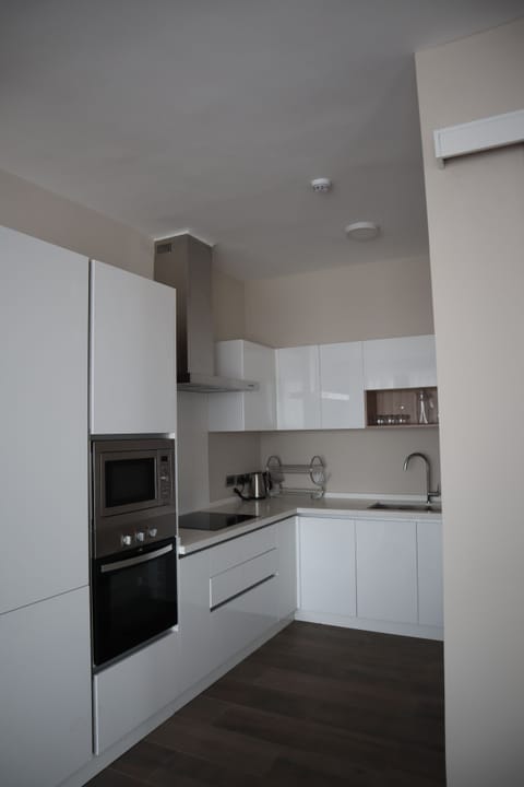 Luxury Apartment | Private kitchen | Full-size fridge, microwave, oven, stovetop