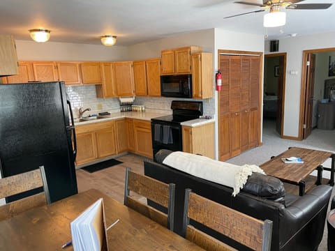 A spacious kitchen right off the living room.