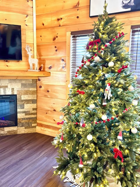 Both cabins decorated for Christmas from before Thanksgiving to after New Years