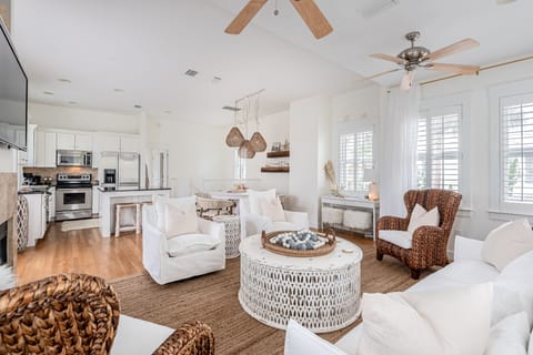 Luxurious modern open concept floor plan of kitchen, dining, living, master king