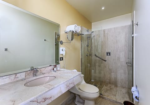 Shower, eco-friendly toiletries, hair dryer, towels