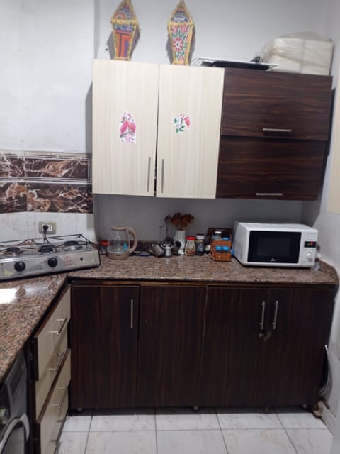 Mini-fridge, microwave, oven, cookware/dishes/utensils