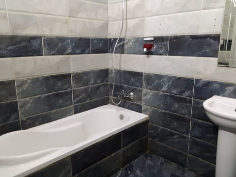 Separate tub and shower, hydromassage showerhead, free toiletries