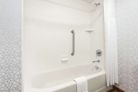 Room, 2 Queen Beds, Refrigerator & Microwave | Bathroom | Rainfall showerhead, hair dryer, towels
