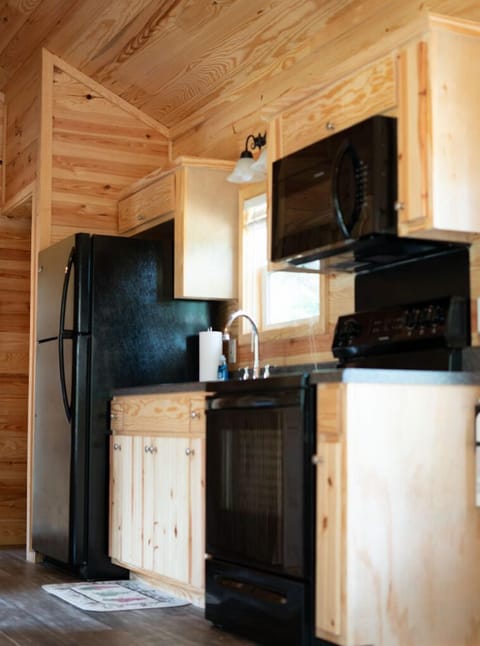 Deluxe Cabin | Private kitchen | Full-size fridge, microwave, stovetop, coffee/tea maker