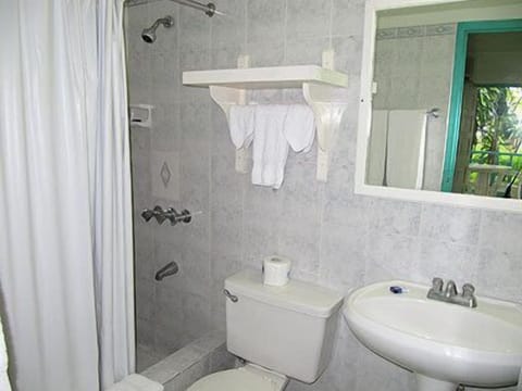 Combined shower/tub, free toiletries, towels