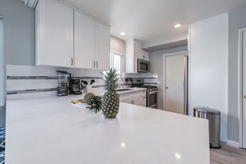 Quartz counters, stainless steel, fully stocked kitchen, 1st floor