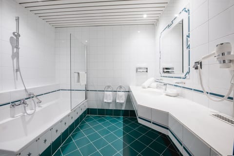 Hair dryer, bathrobes, slippers, towels