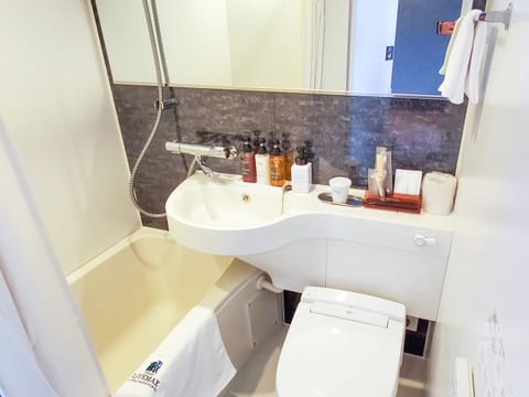 Combined shower/tub, free toiletries, hair dryer, slippers